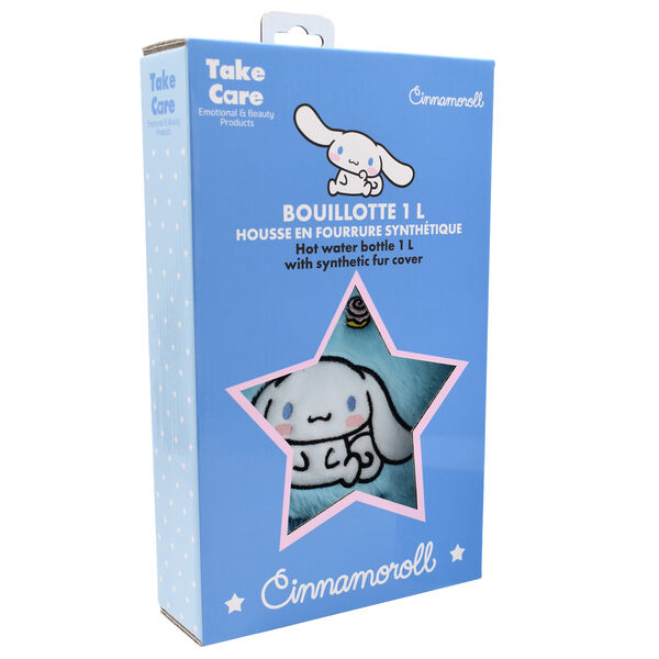Bouillotte Cinnamoroll de TAKE CARE montrant les détails du tissu doux et la fermeture sécurisée