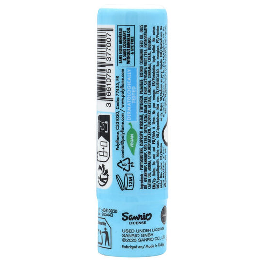 Gros plan sur le tube de baume à lèvres Hello Kitty & Cinnamoroll avec logo visible