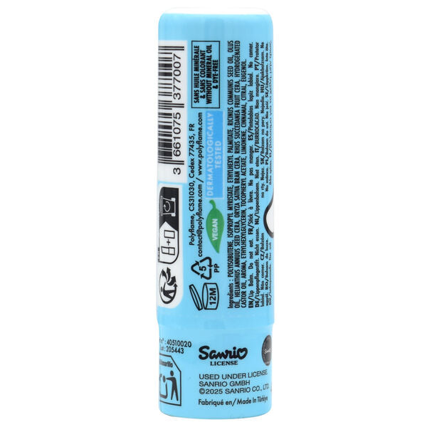 Gros plan sur le tube de baume à lèvres Hello Kitty & Cinnamoroll avec logo visible
