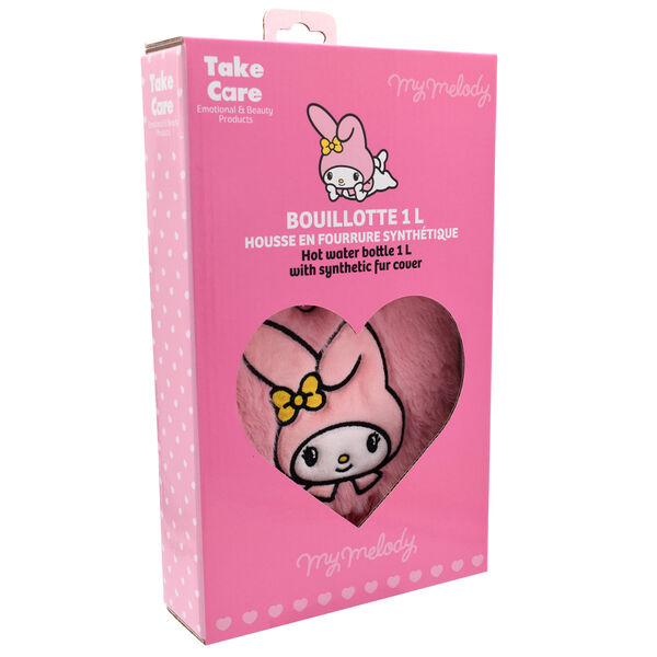 Détail de la bouillotte Hello Kitty My Melody montrant la texture douce et la fermeture sécurisée