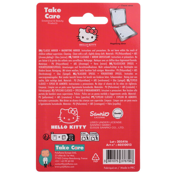Miroir de poche Hello Kitty TAKE CARE ouvert posé sur une surface blanche