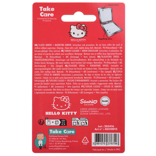 Miroir de poche Hello Kitty TAKE CARE ouvert posé sur une surface blanche
