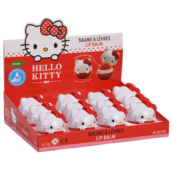 Baume à lèvres Hello Kitty ouvert révélant le stick de baume rose clair prêt à l'application