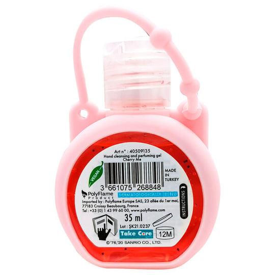 Illustration des mains appliquant le gel désinfectant Hello Kitty pour une hygiène parfaite