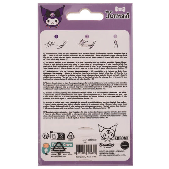 Présentation du blister de stickers Hello Kitty et Kuromi, mettant en évidence la quantité de 72 autocollants et l'emballage pratique pour le rangement et le transport.