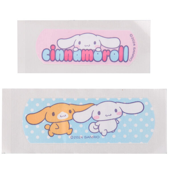 Vue latérale de la boîte métal pansements avec motifs kawaii Hello Kitty et Cinnamoroll colorés