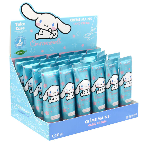 Packaging de la crème mains 30ml Hello Kitty & Cinnamoroll TAKE CARE avec illustrations kawaii