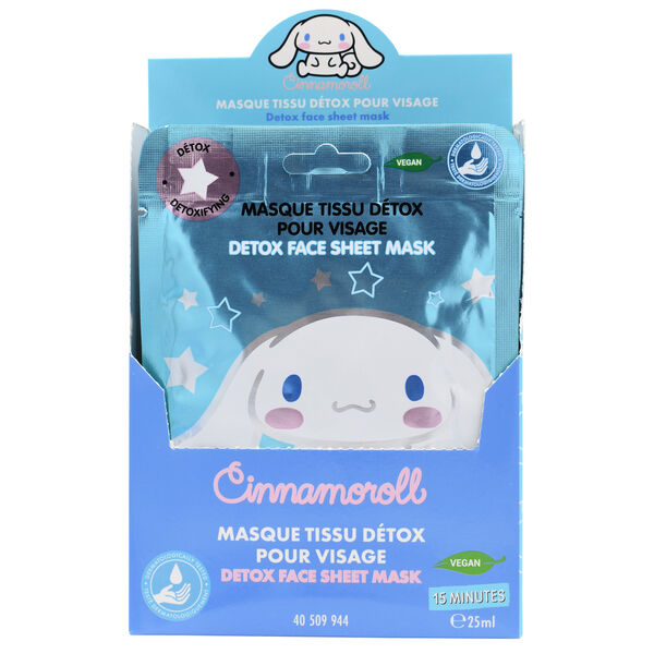 Packaging du masque detox TAKE CARE avec les personnages Hello Kitty et Cinnamoroll en arrière-plan