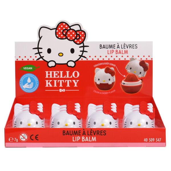 Ensemble des quatre images du baume à lèvres Hello Kitty TAKE CARE sous différents angles
