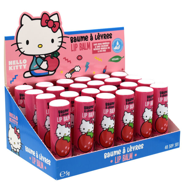 Vue d'ensemble des cinq images du baume à lèvres Hello Kitty TAKE CARE en différentes positions