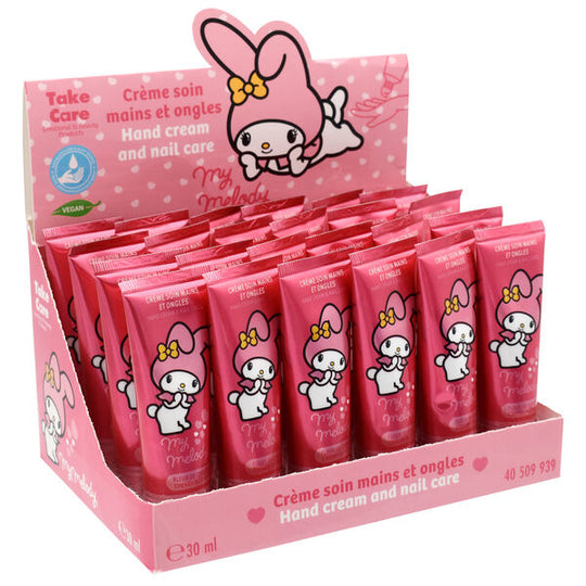 Crème mains hydratante Hello Kitty My Melody posée sur un fond pastel doux