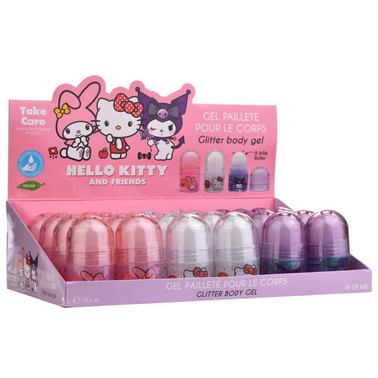 Présentation des quatre images du gel corporel Hello Kitty & Friends avec le logo TAKE CARE