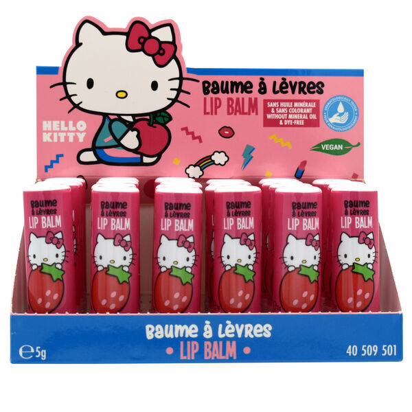 Packaging du baume à lèvres Hello Kitty avec détails colorés et design attrayant pour enfants et adultes
