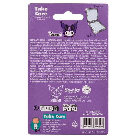 Miroir de poche Hello Kitty Kuromi posé sur une table avec accessoires de maquillage