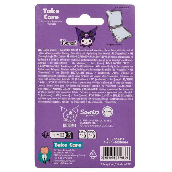 Miroir de poche Hello Kitty Kuromi posé sur une table avec accessoires de maquillage