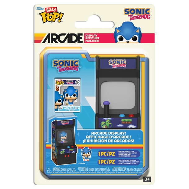 Figurine Bitty POP Sonic the Hedgehog Arcade de FUNKO dans son boîtier acrylique transparent, vue de face