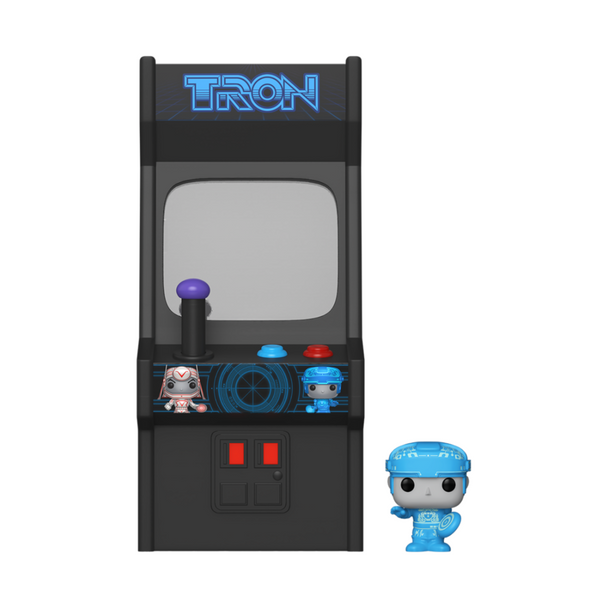 Vue rapprochée de la figurine Bitty POP Tron posée sur son socle acrylique dans une collection Bitty POP Arcade
