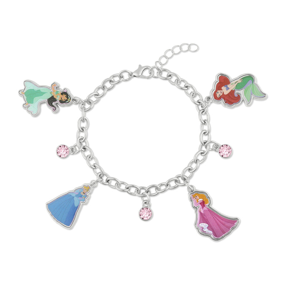 Bracelet Disney Princesses PEERS HARDY en argent 925, présentant les charms d'Ariel, Blanche-Neige, Aurore et Jasmine, sur un fond blanc éclatant.