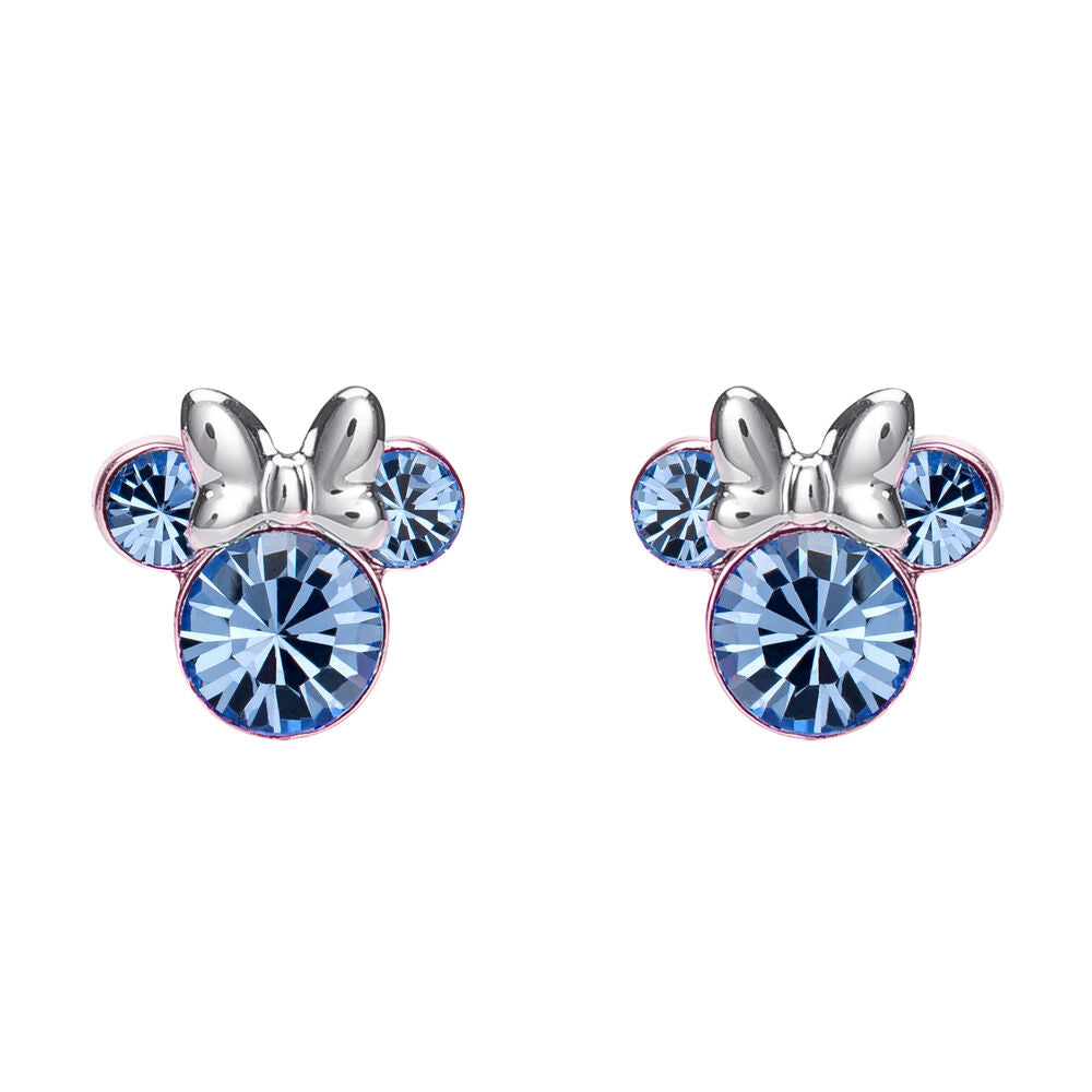 Boucles d'oreilles Disney Minnie en argent avec pierre violette de décembre présentées sur fond blanc