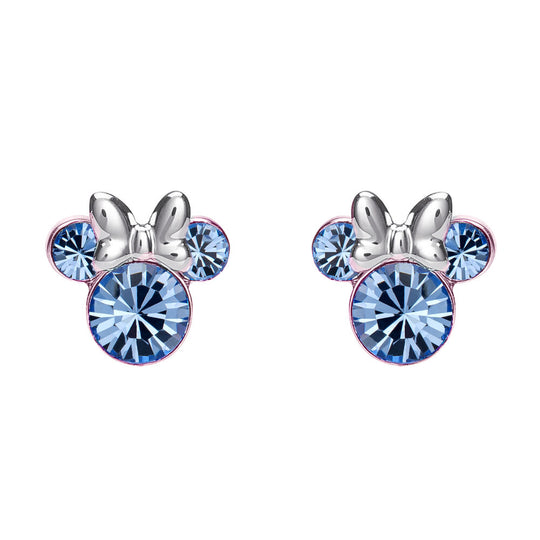 Boucles d'oreilles Disney Minnie en argent avec pierre violette de décembre présentées sur fond blanc