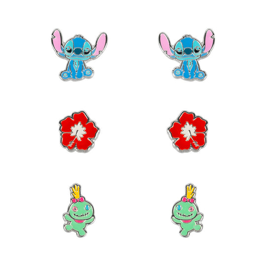 Set complet de 3 paires de boucles d'oreilles Stitch en argent plaqué avec fleurs rouges et ourson Scrump