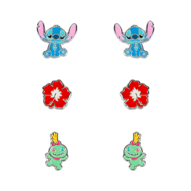 Set complet de 3 paires de boucles d'oreilles Stitch en argent plaqué avec fleurs rouges et ourson Scrump