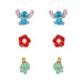Set complet de 3 paires de boucles d'oreilles Stitch en argent plaqué avec fleurs rouges et ourson Scrump