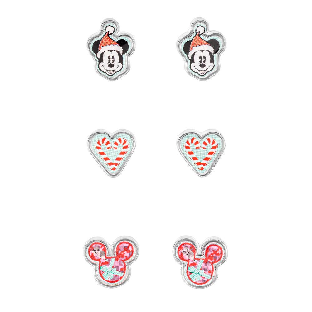 Set de 3 paires de boucles d'oreilles Disney Mickey Noël avec bonnet de fête, cœur sucre d'orge et Mickey cadeau