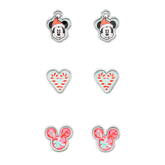 Set de 3 paires de boucles d'oreilles Disney Mickey Noël avec bonnet de fête, cœur sucre d'orge et Mickey cadeau