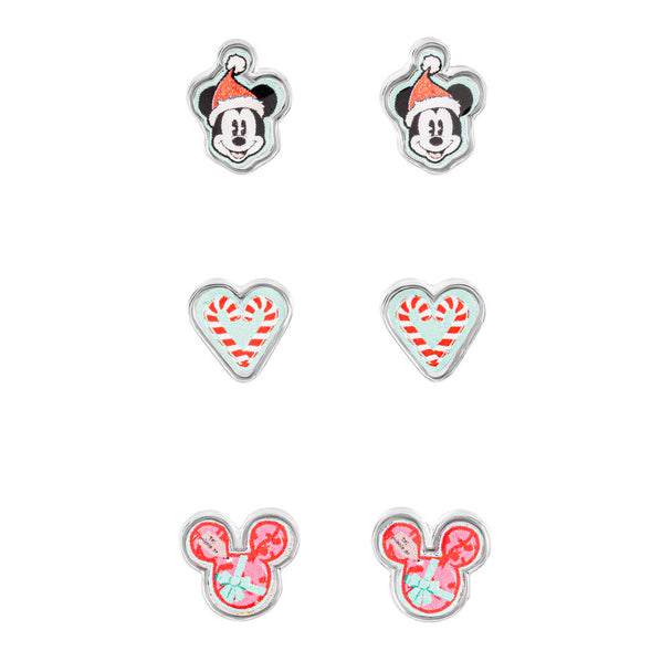 Set de 3 paires de boucles d'oreilles Disney Mickey Noël avec bonnet de fête, cœur sucre d'orge et Mickey cadeau