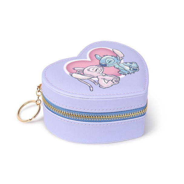 Boîte à bijoux Disney Stitch et Angel en forme de cœur fermée avec fermeture éclair visible
