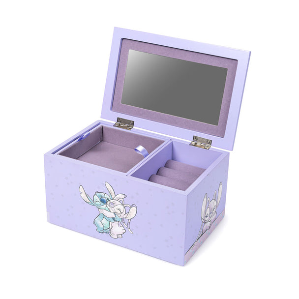 Détail du motif cœur avec Stitch et Angel sur la boîte à bijoux violette