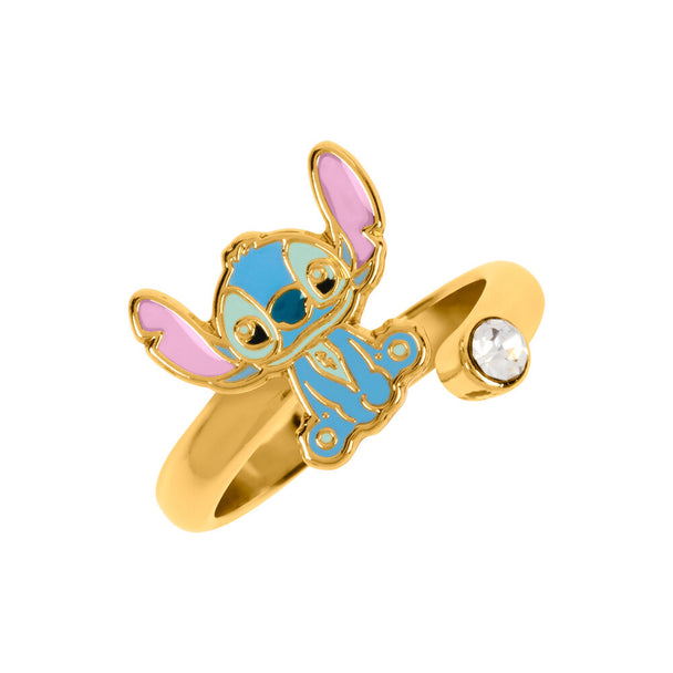Bague Disney Stitch en spirale dorée avec figurine de Stitch et pierre transparente, vue de face