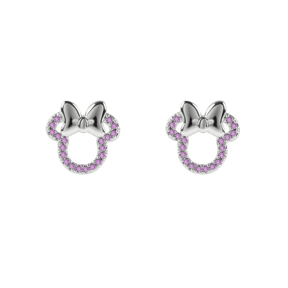 Boucles d'oreilles Minnie Mouse avec pierres roses et finition argentée sur fond blanc