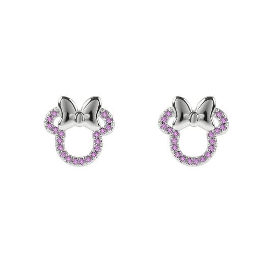 Boucles d'oreilles Minnie Mouse avec pierres roses et finition argentée sur fond blanc