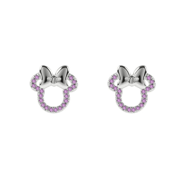Boucles d'oreilles Minnie Mouse avec pierres roses et finition argentée sur fond blanc