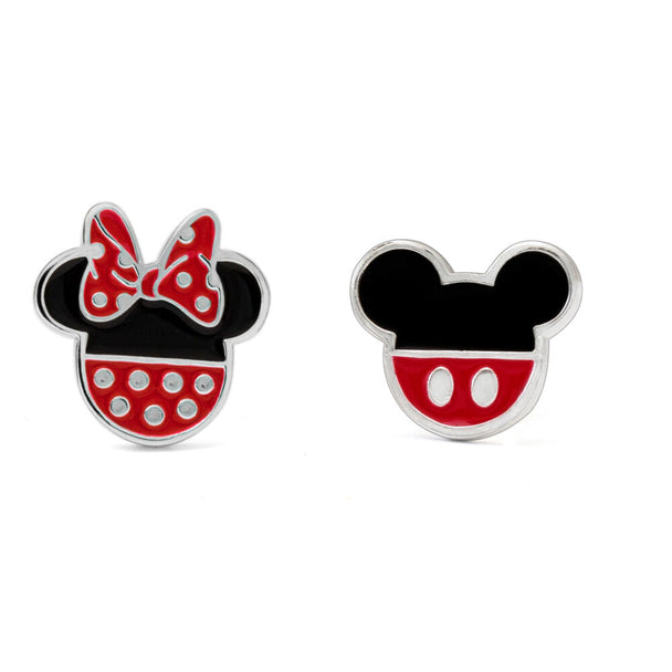 Boucles d'oreilles Disney en laiton plaqué argent avec tête de Minnie et nœud rouge à pois blancs