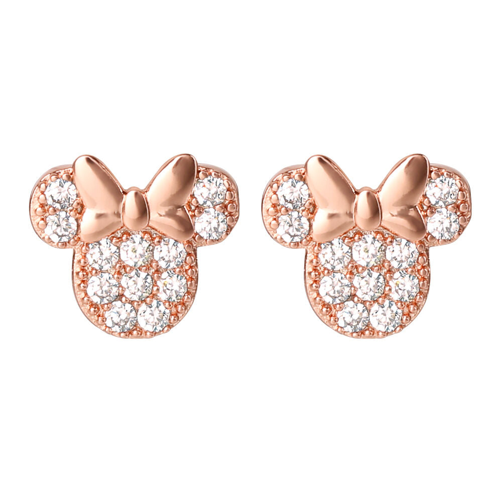 Boucles d'oreilles Minnie Mouse en or rose avec petit nœud sur fond blanc
