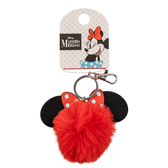 Détail du nœud rouge iconique de Minnie sur le porte-clés pompom