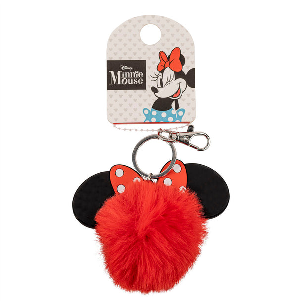 Détail du nœud rouge iconique de Minnie sur le porte-clés pompom