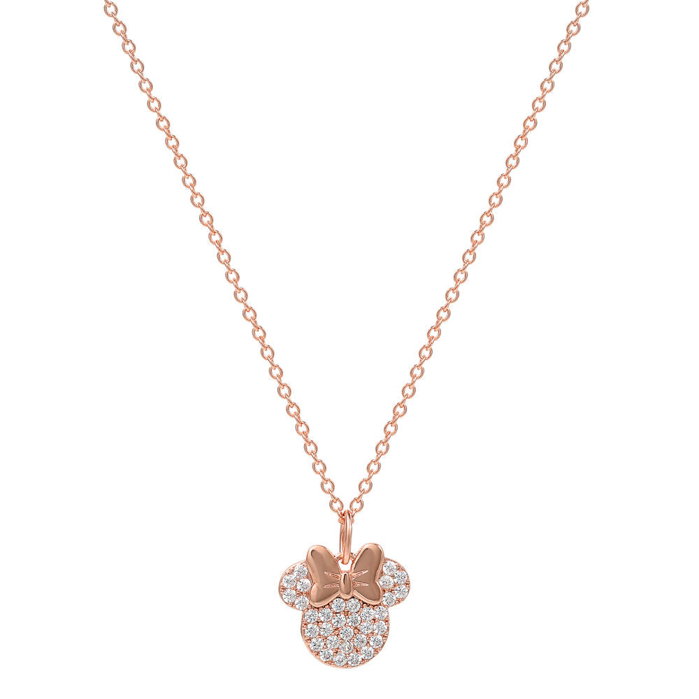 Boucles d'oreilles assorties en or rose avec motif tête de Minnie et ruban, présentation élégante sur support