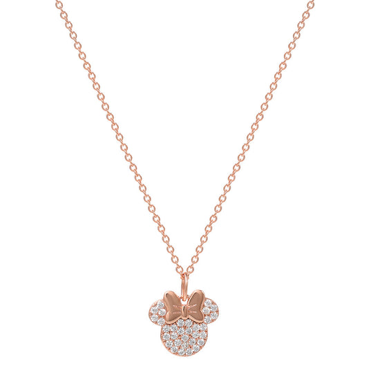 Boucles d'oreilles assorties en or rose avec motif tête de Minnie et ruban, présentation élégante sur support