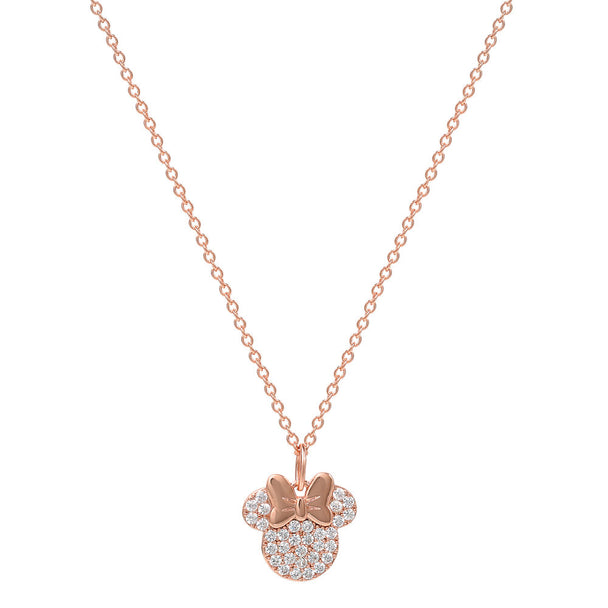 Boucles d'oreilles assorties en or rose avec motif tête de Minnie et ruban, présentation élégante sur support