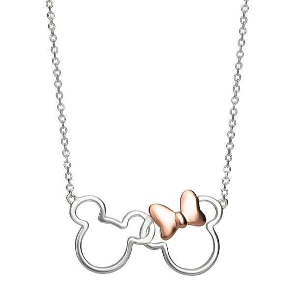 Collier PEERS HARDY montrant les contours argentés des visages de Mickey et Minnie sur fond blanc