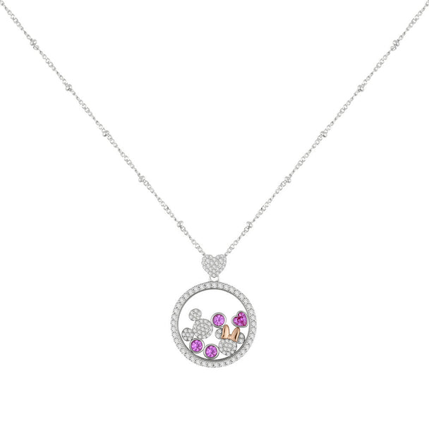 Collier argenté avec pendentif rond montrant Mickey et Minnie en pierres flottantes