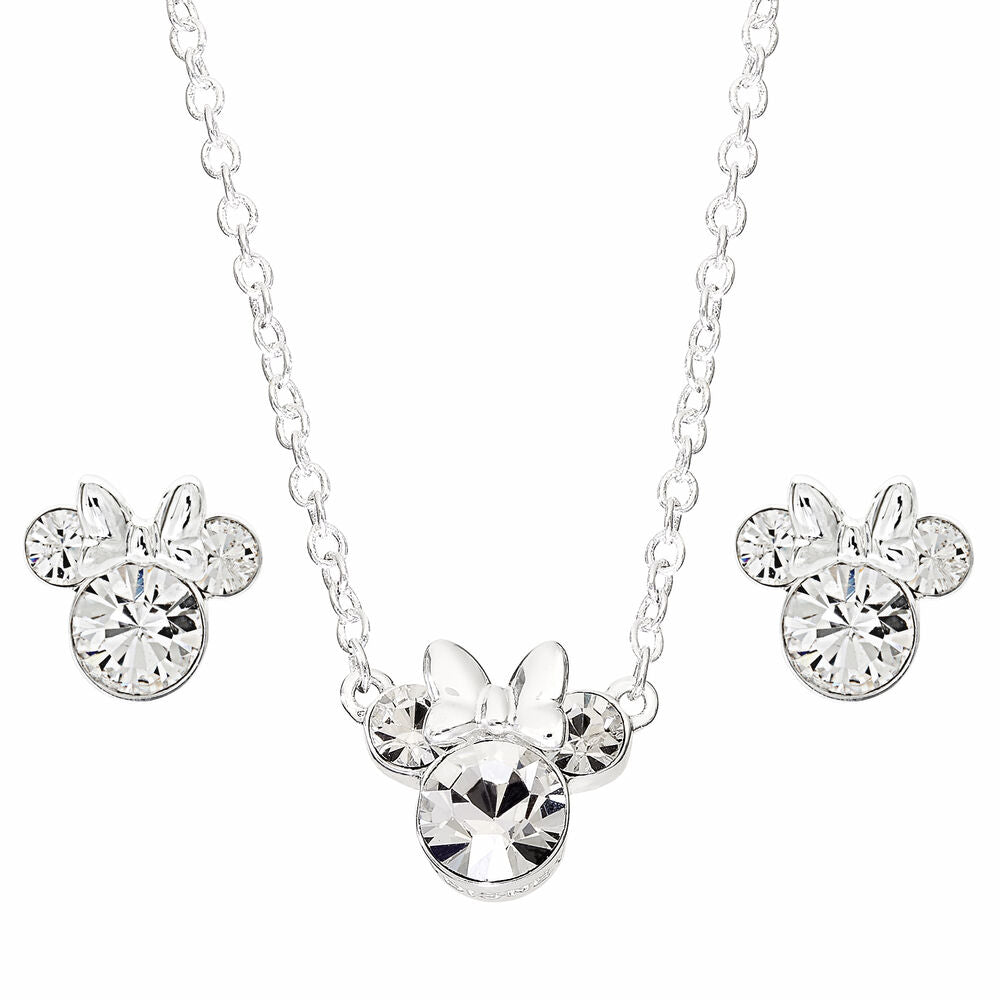 Collier Minnie Mouse argenté avec cristaux clairs sur fond blanc, vue rapprochée du pendentif