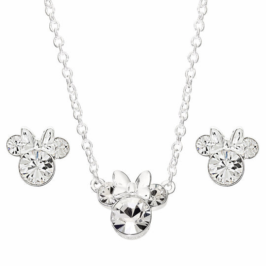 Collier Minnie Mouse argenté avec cristaux clairs sur fond blanc, vue rapprochée du pendentif