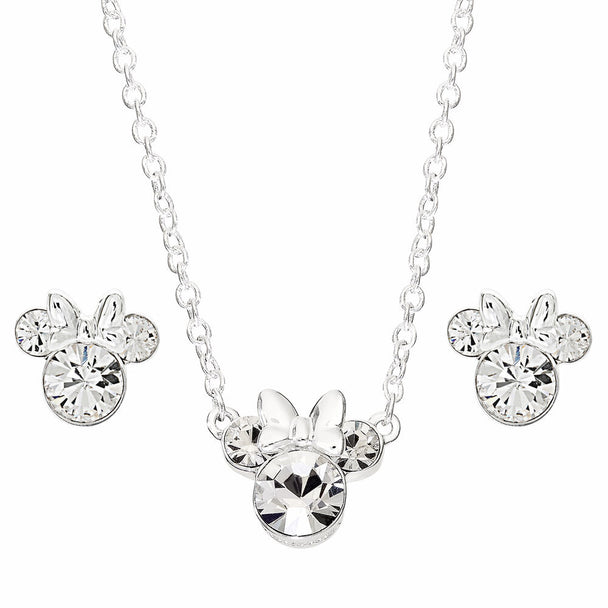 Collier Minnie Mouse argenté avec cristaux clairs sur fond blanc, vue rapprochée du pendentif