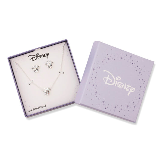 Boucles d'oreilles Minnie Mouse en argent plaqué avec détails en cristaux, présentées sur un support élégant