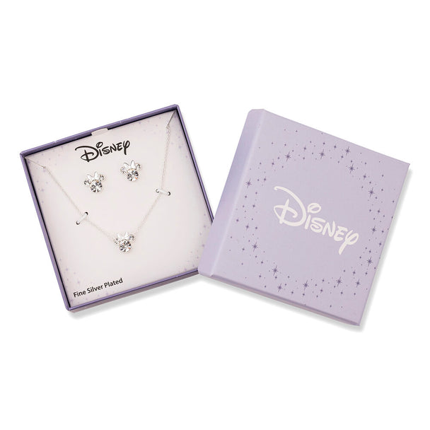 Boucles d'oreilles Minnie Mouse en argent plaqué avec détails en cristaux, présentées sur un support élégant